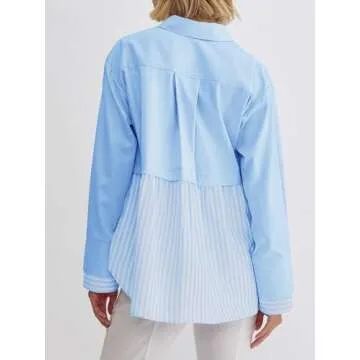 Tankaneo Womens Work Casual Blouse Dressy Oversized Striped Button Down Shirts Office Business Tops Blue