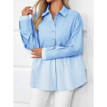 Tankaneo Womens Work Casual Blouse Dressy Oversized Striped Button Down Shirts Office Business Tops Blue