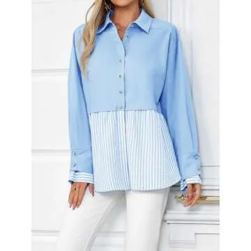 Tankaneo Womens Work Casual Blouse Dressy Oversized Striped Button Down Shirts Office Business Tops Blue