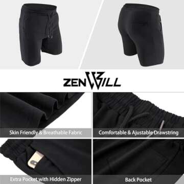 ZENWILL Mens Gym Running Shorts, Workout Athletic Bodybuilding Fitness Shorts with Zip Pockets (Small,Black/Olive Gray)