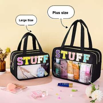 SIMBOOM Chenille Letter Clear Makeup Bag, Preppy Cosmetic Bag Clear Snack Bags with Zipper, Stuff Ba...