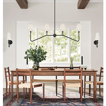 Electro bp;47" W 4-Light Linear Kitchen Island Lighting Fixture Classic Chandeliers Matt Black with White Linen Shades for Dining Room,E12,160W;