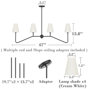 Electro bp;47" W 4-Light Linear Kitchen Island Lighting Fixture Classic Chandeliers Matt Black with White Linen Shades for Dining Room,E12,160W;