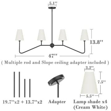 Electro bp;47" W 4-Light Linear Kitchen Island Lighting Fixture Classic Chandeliers Matt Black with White Linen Shades for Dining Room,E12,160W;