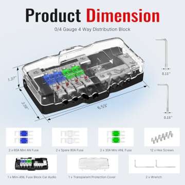 Joinfworld Fused Power Distribution Block Car Audio 4 Way MIDI(Mini-ANL) Fuse Block 12V 0/4 Gauge wi...