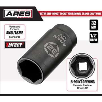 ARES 25003-32MM Axle Nut Socket - 6 Point Socket - Extra Deep 1/2-Inch Drive Impact Socket for Easy Removal of Axle Shaft Nuts