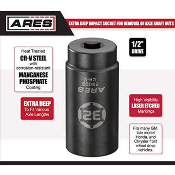 ARES 25003-32MM Axle Nut Socket - 6 Point Socket - Extra Deep 1/2-Inch Drive Impact Socket for Easy Removal of Axle Shaft Nuts