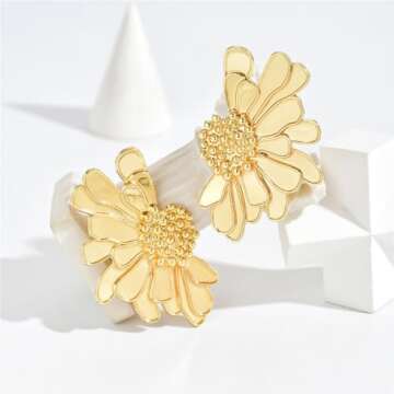 coadipress Vintage Flower Stud Earrings for Women Gold Statement Earrings Bohemian Gold Metal Flower Earrings Exaggerated Oversized Daisy Flower Earrings Statement Jewelry (Gold)