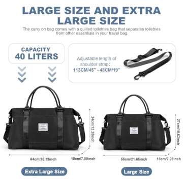 Travel Duffel Bag,Weekender Overnight Bag for Women,Carry-on Bag with Wet Pocket,Gym Bag,Extra Large,Black