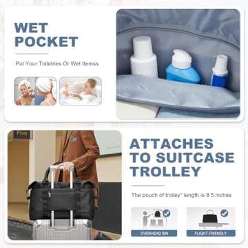 Travel Duffel Bag,Weekender Overnight Bag for Women,Carry-on Bag with Wet Pocket,Gym Bag,Extra Large,Black