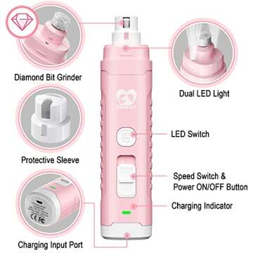 Casfuy Dog Nail Grinder with 2 LED Light for Large Medium Small Dogs - 3X More Powerful 2-Speed Electric Pet Nail Trimmer Rechargeable Quiet Painless Paws Grooming & Smoothing Tool