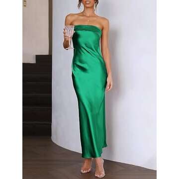 Realtix Satin Silk Backless Tube Tops Maxi Dress for Women Low Back Hollow Out Elegant Strapless Long Dresses Wedding Guest Green