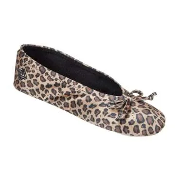isotoner Women's Satin Ballerina Slippers with Soft Tie Bow and Suede Sole, Cheetah, 8-9