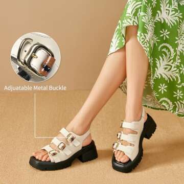 BEAU TODAY Womens Platform Fisherman Sandals, Chunky Block Heel Sandals, Leather Sandals for Women, Casual Comfortable Lightweight Open Toe Dressy Sandals with Adjustable Buckles White US 6.5