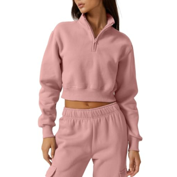 QINSEN Women's Fall Winter Warm Sweatshirt Half Zip High Neck Crop Pullover Peachskin S