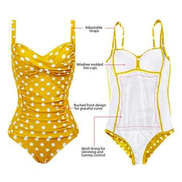 Womens 50S Vintage Tummy Control One Piece Swimsuit/Bathing Suit(Yellow Polka Dot,Size 14)