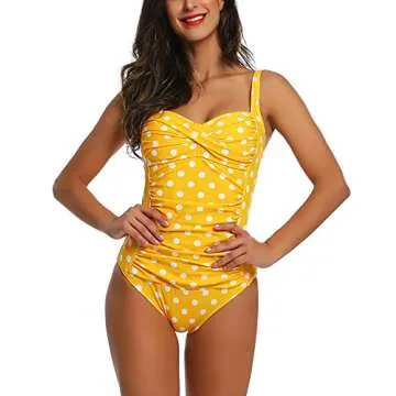 Womens 50S Vintage Tummy Control One Piece Swimsuit/Bathing Suit(Yellow Polka Dot,Size 14)