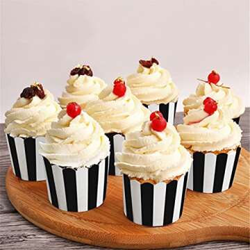 STARUBY 50 Pack Muffin Liners Baking Paper Cups Black and White Stripes Cupcake Liners Elegent Muffins Baking Cups Cupcake Wrappers for Birthday Parties, Weddings, Bottom Dia 2.36 Inch