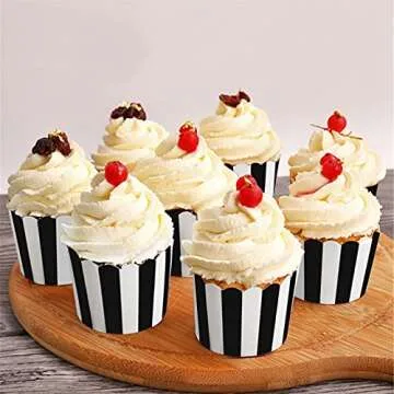 STARUBY 50 Pack Muffin Liners Baking Paper Cups Black and White Stripes Cupcake Liners Elegent Muffins Baking Cups Cupcake Wrappers for Birthday Parties, Weddings, Bottom Dia 2.36 Inch