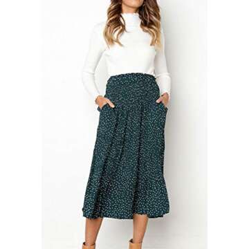 RichCoco Women's Casual High Elastic Waist A Line Print Pleated Pockets Vintage Dresses Polka Dot Midi Skirts Green