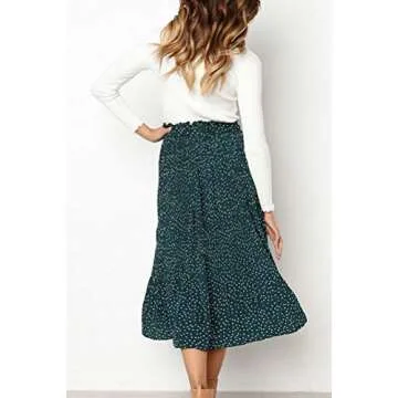 RichCoco Women's Casual High Elastic Waist A Line Print Pleated Pockets Vintage Dresses Polka Dot Midi Skirts Green