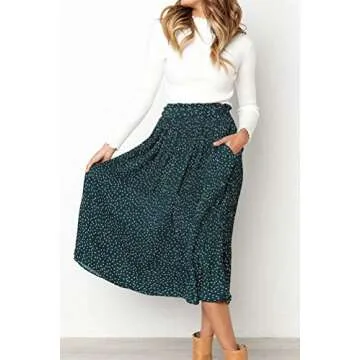 RichCoco Women's Casual High Elastic Waist A Line Print Pleated Pockets Vintage Dresses Polka Dot Midi Skirts Green