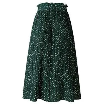 RichCoco Women's Casual High Elastic Waist A Line Print Pleated Pockets Vintage Dresses Polka Dot Midi Skirts Green