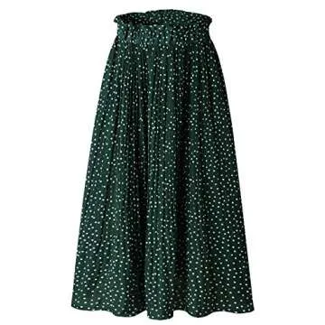 RichCoco Women's Casual High Elastic Waist A Line Print Pleated Pockets Vintage Dresses Polka Dot Midi Skirts Green