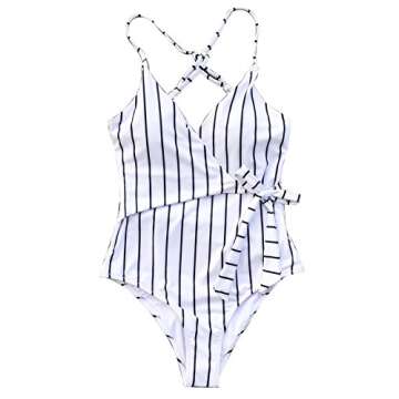 CUPSHE Women's One Piece Swimsuit Wrap Tie Side Cross Back Swimwear Striped Bathing Suits Black Stripes S