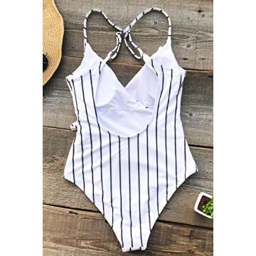 CUPSHE Women's One Piece Swimsuit Wrap Tie Side Cross Back Swimwear Striped Bathing Suits Black Stripes S
