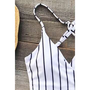CUPSHE Women's One Piece Swimsuit Wrap Tie Side Cross Back Swimwear Striped Bathing Suits Black Stripes S