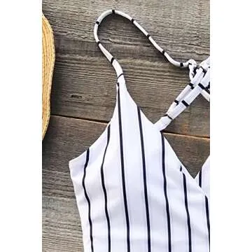 CUPSHE Women's One Piece Swimsuit Wrap Tie Side Cross Back Swimwear Striped Bathing Suits Black Stripes S