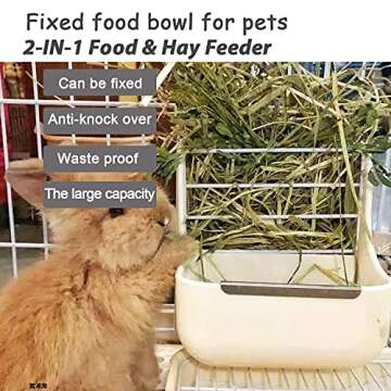 HERCOCCI Rabbit Hay Food Bin Feeder and Bunny Water Bottle Set, Hay Food Feeder Bowls Manger Rack with 500ml Hanging Water Dispenser Prevent Knock Over for Rabbit Guinea Pig Chinchilla (Large, White)