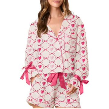 Yiulangde Women Holiday Party Pajamas Cute Satin Silk PJs 2 Piece Outfits Long Sleeve Button Down Sh...