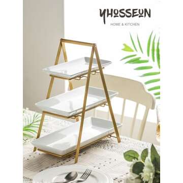 YHOSSEUN 3 Tier Serving Tray, Porcelain Tiered Tray Stand, 10+12+14 Inch Serving Platters and Trays with Collapsible Sturdier Rack, 3 Tiered Serving Stand Dessert Stands Treat Table Display Set, Gold