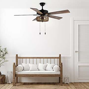 RIVER OF GOODS 52 Inch LED Modern Farmhouse Ceiling Fan with Light - Rustic Ceiling Fans with Lights - Elegant Industrial Fan with Mesh Metal Caged Shade - Brown