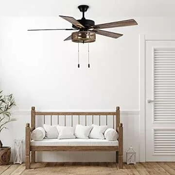 RIVER OF GOODS 52 Inch LED Modern Farmhouse Ceiling Fan with Light - Rustic Ceiling Fans with Lights - Elegant Industrial Fan with Mesh Metal Caged Shade - Brown