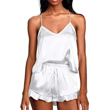 CHYRII Women's Satin Pajamas Women Sexy V Neck Cami Tops Ruffle Shorts Two Piece Pijamas Nightwear White M