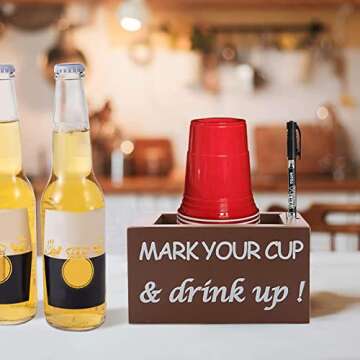 Solo Cup Holder with Marker Slot - Wooden Party Drink Cup Dispenser, Mark Your Cup Drink Up Disposab...