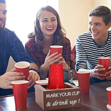 Solo Cup Holder with Marker Slot - Wooden Party Drink Cup Dispenser, Mark Your Cup Drink Up Disposable Papercup Organizer for Rustic Farmhouse Bar Kitchen Bathroom Counter Wedding Decor Hostess Gift