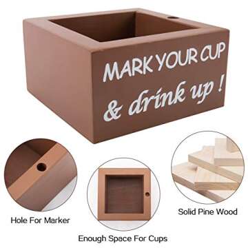 Solo Cup Holder with Marker Slot - Wooden Party Drink Cup Dispenser, Mark Your Cup Drink Up Disposable Papercup Organizer for Rustic Farmhouse Bar Kitchen Bathroom Counter Wedding Decor Hostess Gift