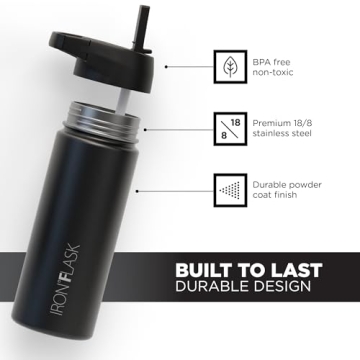 IRON °FLASK Insulated Water Bottle with 3 Lids - Midnight Black