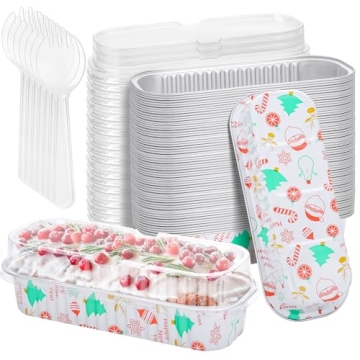 ylnurac 50Pack Christmas Mini Cake Pans Disposable Mini Loaf Pans with Lids and Spoons, 6.8Oz Alumin...