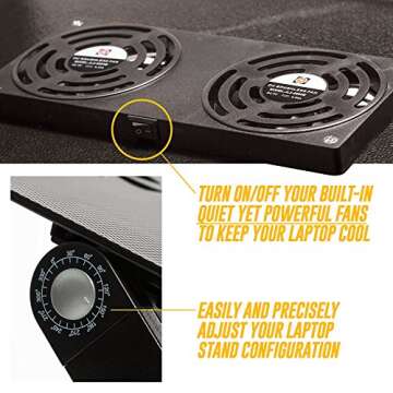 Adjustable Laptop Stand - Use It as a Foldable Standing Desk at The Office, Portable Computer Holder for Writing, Cozy Desk in Bed or on The Sofa - Laptop Table with Cooling Fans - Great as a Gift