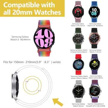 20mm Nylon Band for Samsung Galaxy Watch 7 6 5 4 FE 40mm 44mm/galaxy 6/4 classic 47mm 43mm/46mm 42mm/Watch 5 pro 45mm/3 41mm/Active 2 Men/Women,Sport Loop Strap for Garmin vivoactive 3/Forerunner 645