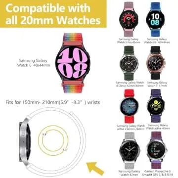 20mm Nylon Band for Samsung Galaxy Watch 7 6 5 4 FE 40mm 44mm/galaxy 6/4 classic 47mm 43mm/46mm 42mm/Watch 5 pro 45mm/3 41mm/Active 2 Men/Women,Sport Loop Strap for Garmin vivoactive 3/Forerunner 645