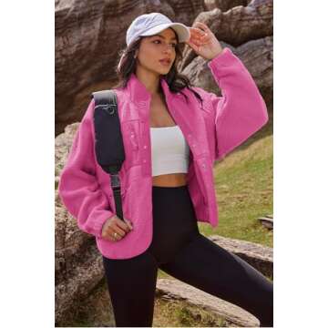 Nirovien Womens Fuzzy Fleece Jacket Button Down Sherpa Coats Casual Winter Warm Outwear with Pockets(Hot Pink,M)