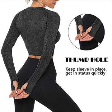 Women Seamless Long Sleeve Yoga Crop Top Thumb Hole Compression Workout Activewear Shirts, #1 Black, Medium