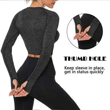 Women Seamless Long Sleeve Yoga Crop Top Thumb Hole Compression Workout Activewear Shirts, #1 Black, Medium