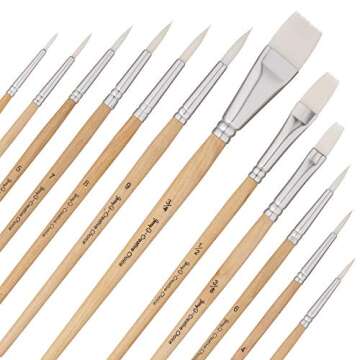 Jerry Q Art 12 PC White Synthetic Hair Round and Flat Paint Brush Set with Short Wood Handle for Acr...